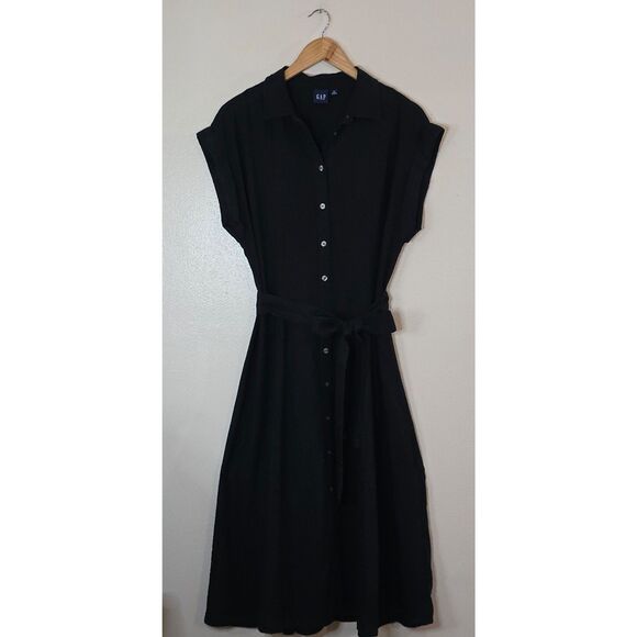 Gap Black Linen Belted Midi Shirt Dress Womens Size Medium Button Down - Picture 1 of 12